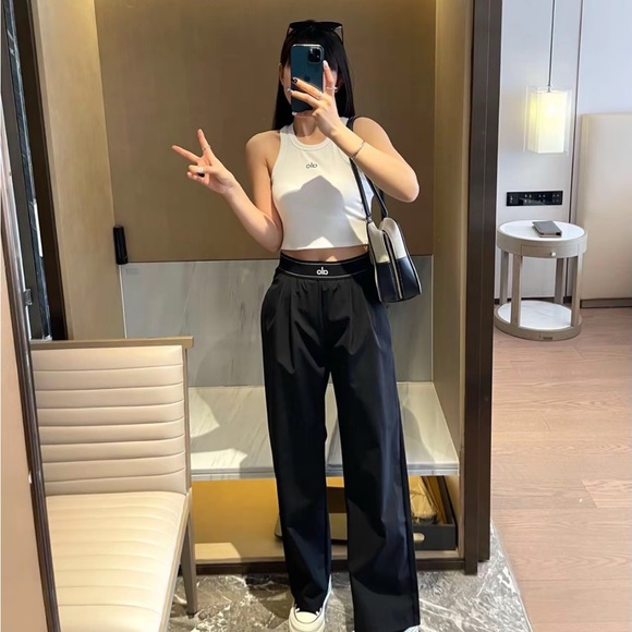 ALO Yoga Pants - ALO Yoga Black Wide-Leg High-Rise Lounge Pants